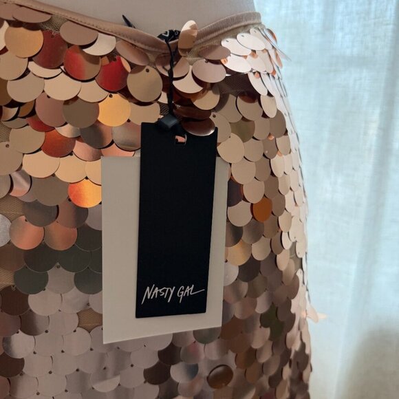 Nasty Gal Petite Disc Sequin Mini Pelmet Skirt Copper Rose Gold Size 2 NWT - Picture 10 of 13
